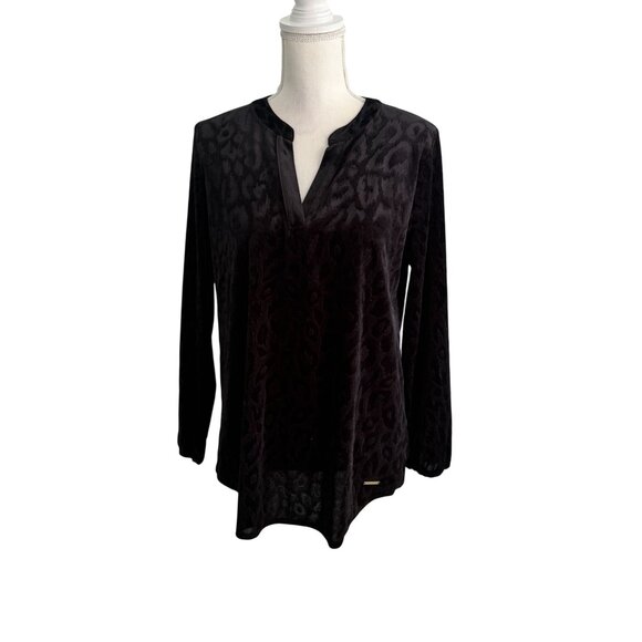 ANNE KLEIN Black Velvet Animal Print Tunic Blouse Top Size Large - Picture 4 of 6